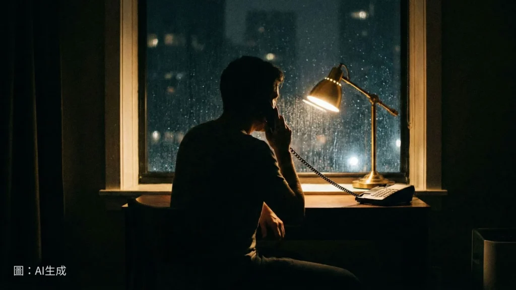 一個人夜晚坐在窗邊桌前的剪影，正拿著電話聽筒貼在耳邊示意圖